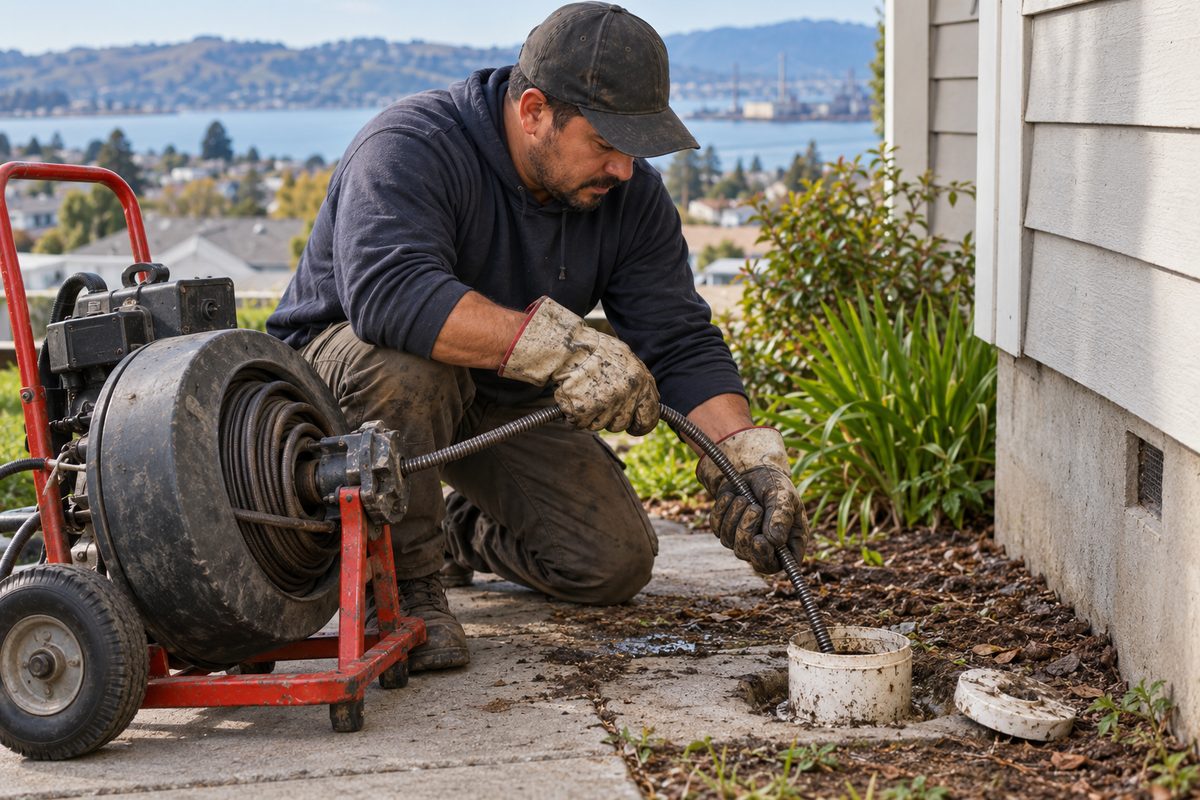 Tradesman operating a rotary drain clearing machine at an exterior sewer cleanout