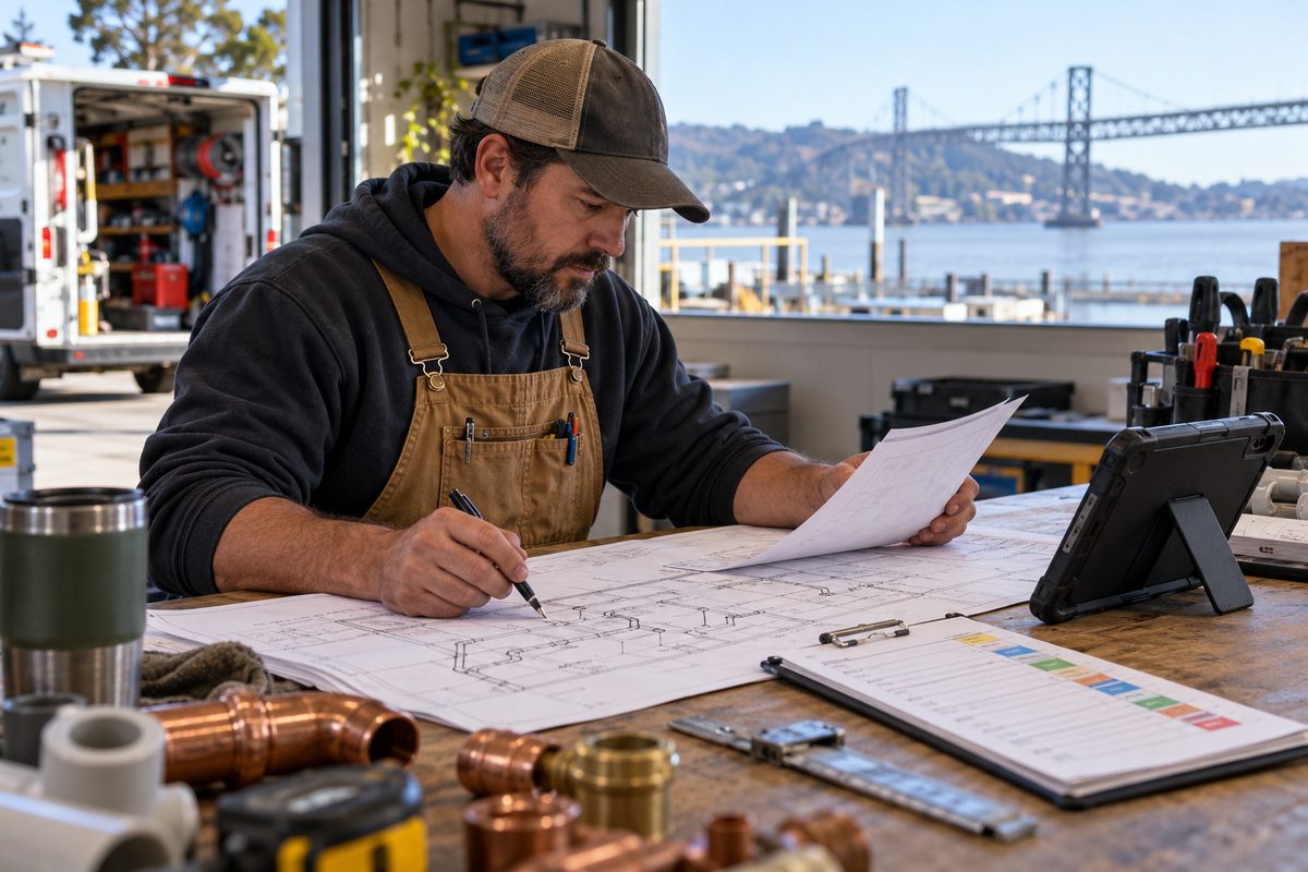 Licensed contractor reviewing plumbing schematics and route schedule at the Vallejo dispatch desk