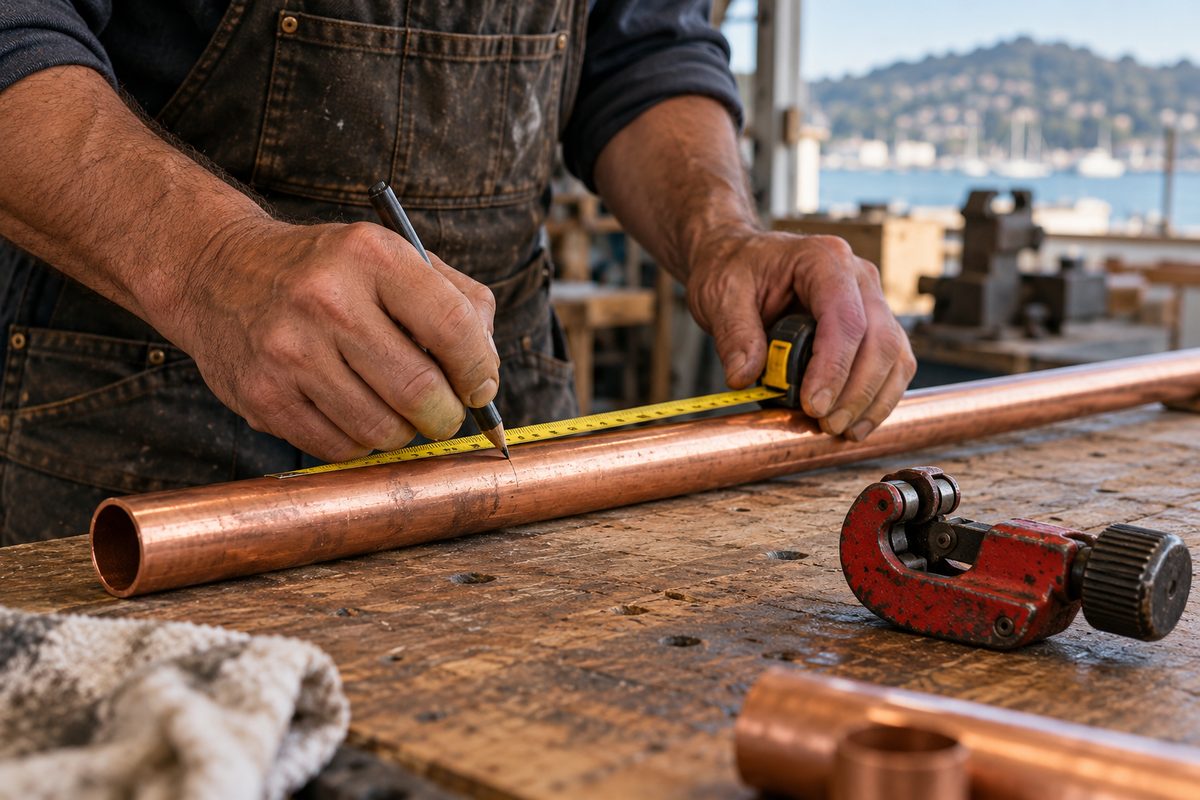 Contractor measuring copper tubing with a steel tape measure beside a rotary pipe cutter