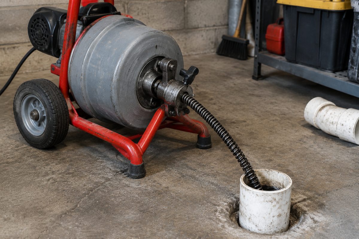Heavy-duty electric drum drain auger machine snaking an open residential cleanout pipe