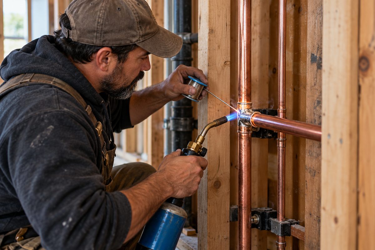Plumber soldering copper water supply pipes inside an open wall frame with a torch