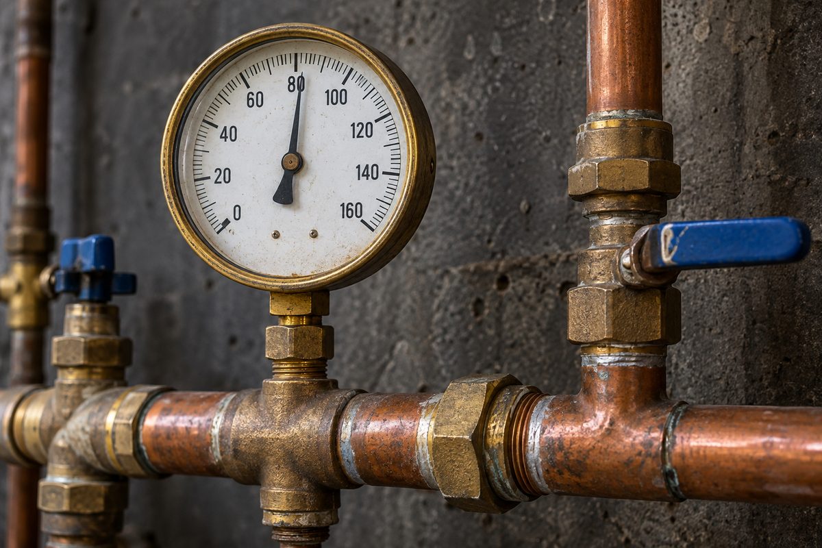 Brass water pressure testing gauge attached to a copper pipe manifold showing test pressure