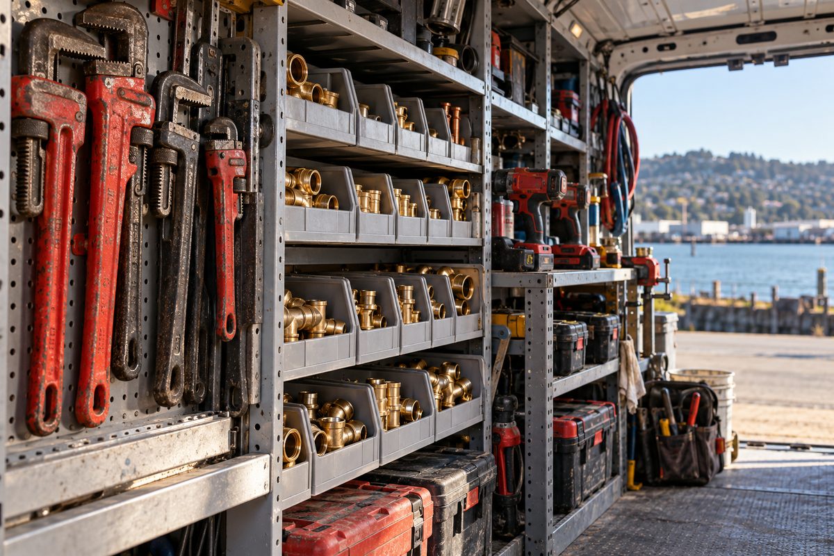 Service van interior outfitted with heavy pipe wrenches and organized brass plumbing fittings