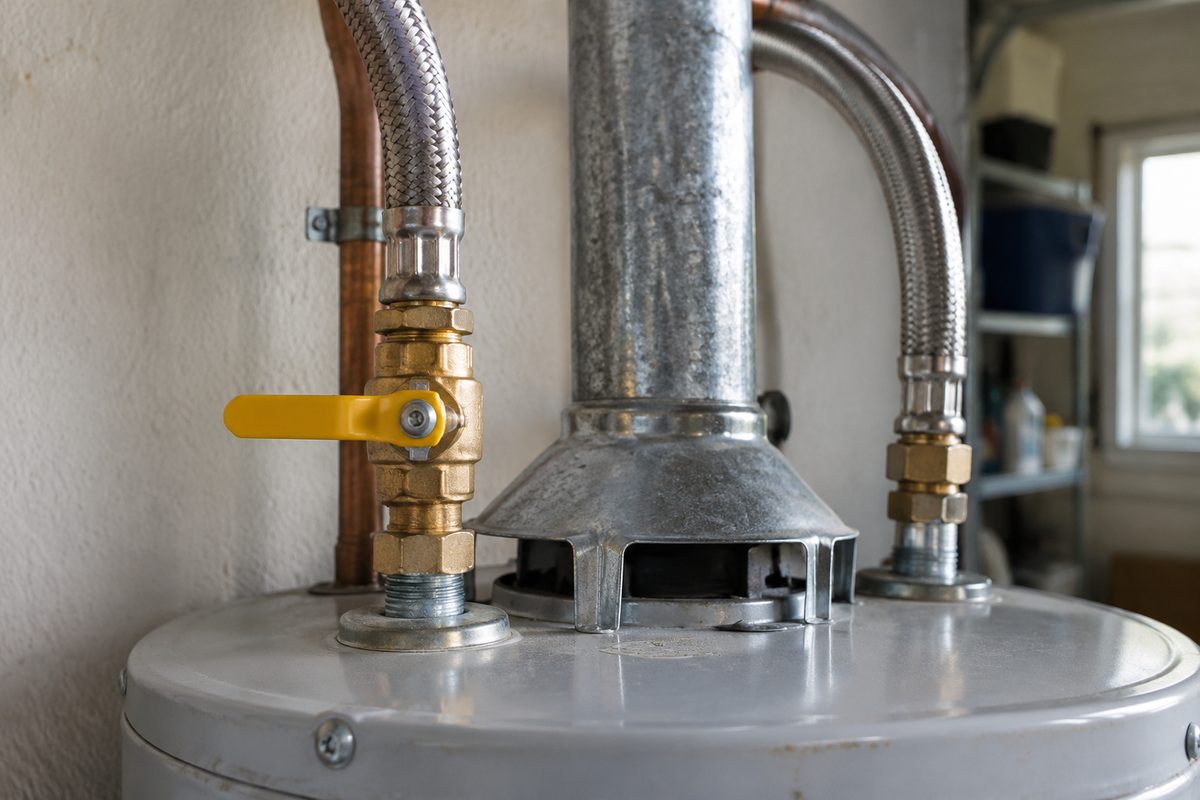Newly installed brass ball valve and flexible water supply connectors on a water heater tank